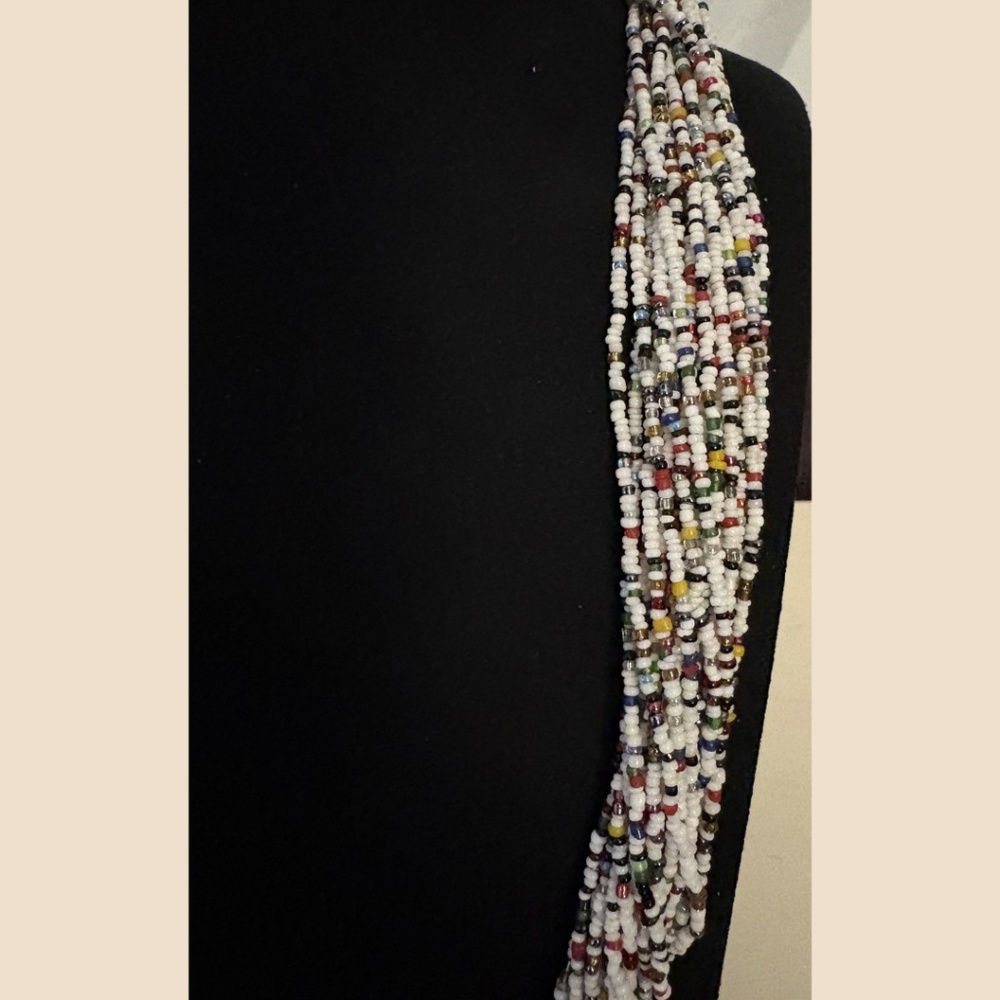 ⭐️ Multi Strand Seed Bead Statement Necklace |  White Multicolor Boho Summer - Picture 4 of 5